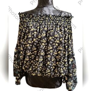 Free People Rose Valley Blouse small black with flowers bell sleeves
